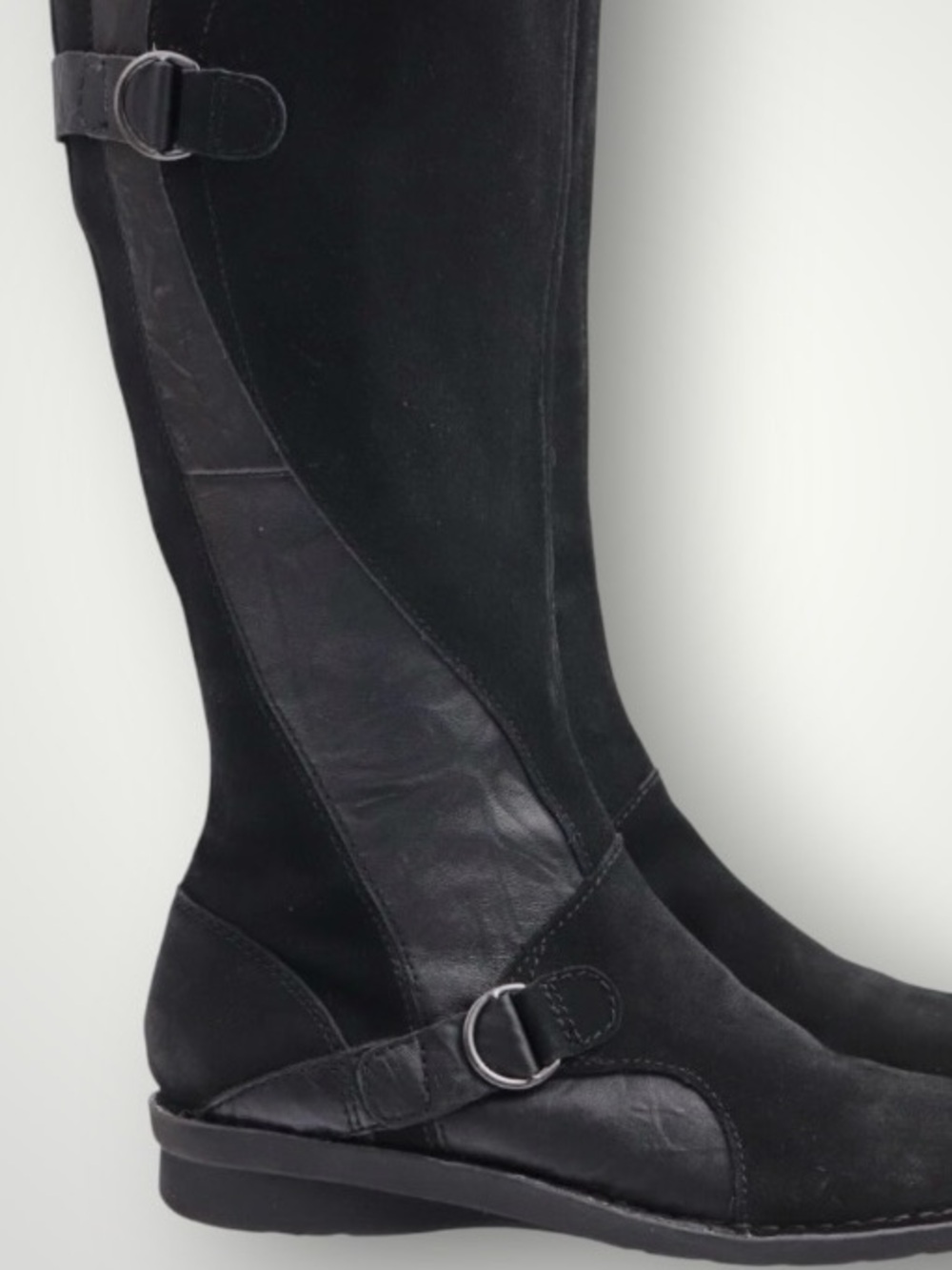 Clarks Nikki Midtown Tall Black Suede Leather Buckles Side Zipper Riding Boots